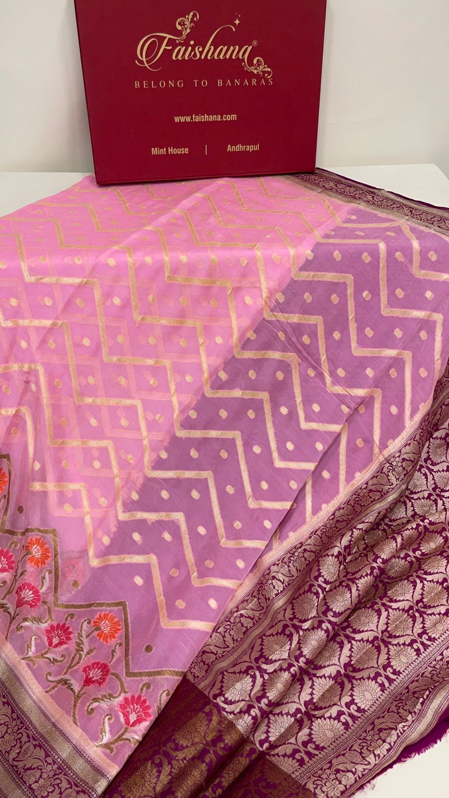 Faishana Pure Handloom Baby Pink Chiffon Stripe Zari Zig-Zag Booti Skirt Paithani Border with Contrast Magenta Floral Zari Border and Magenta Blouse
