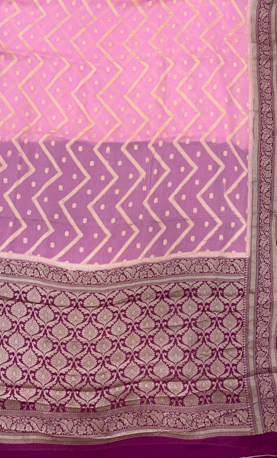 Faishana Pure Handloom Baby Pink Chiffon Stripe Zari Zig-Zag Booti Skirt Paithani Border with Contrast Magenta Floral Zari Border and Magenta Blouse