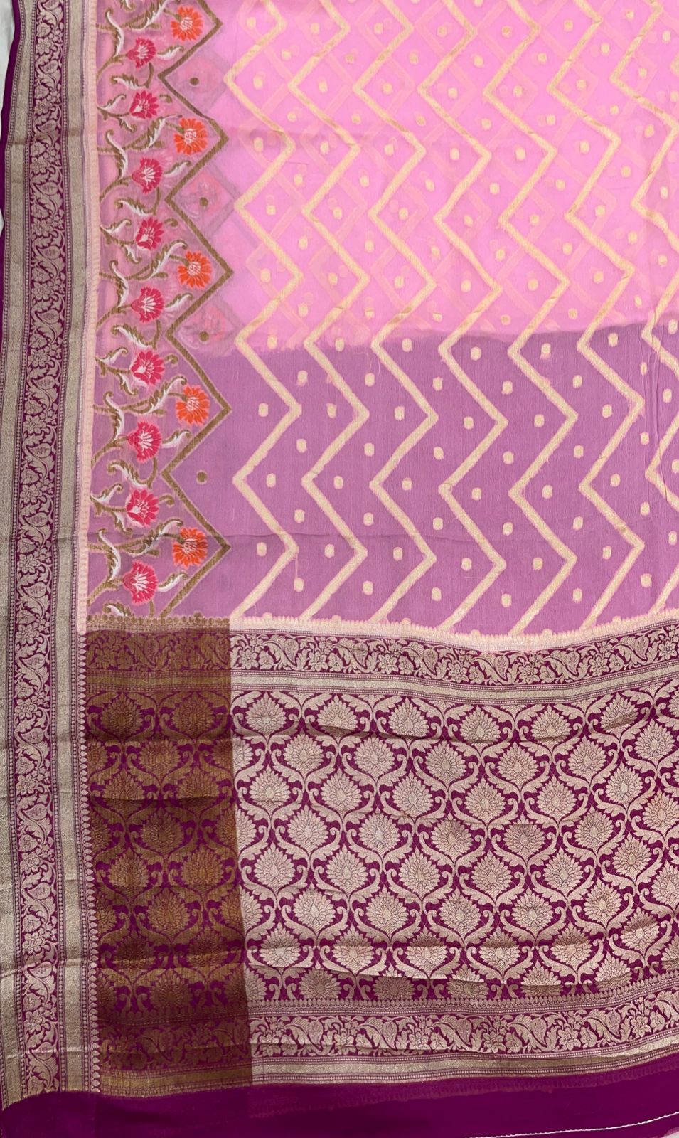 Faishana Pure Handloom Baby Pink Chiffon Stripe Zari Zig-Zag Booti Skirt Paithani Border with Contrast Magenta Floral Zari Border and Magenta Blouse