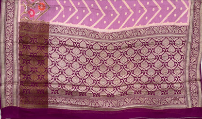 Faishana Pure Handloom Baby Pink Chiffon Stripe Zari Zig-Zag Booti Skirt Paithani Border with Contrast Magenta Floral Zari Border and Magenta Blouse