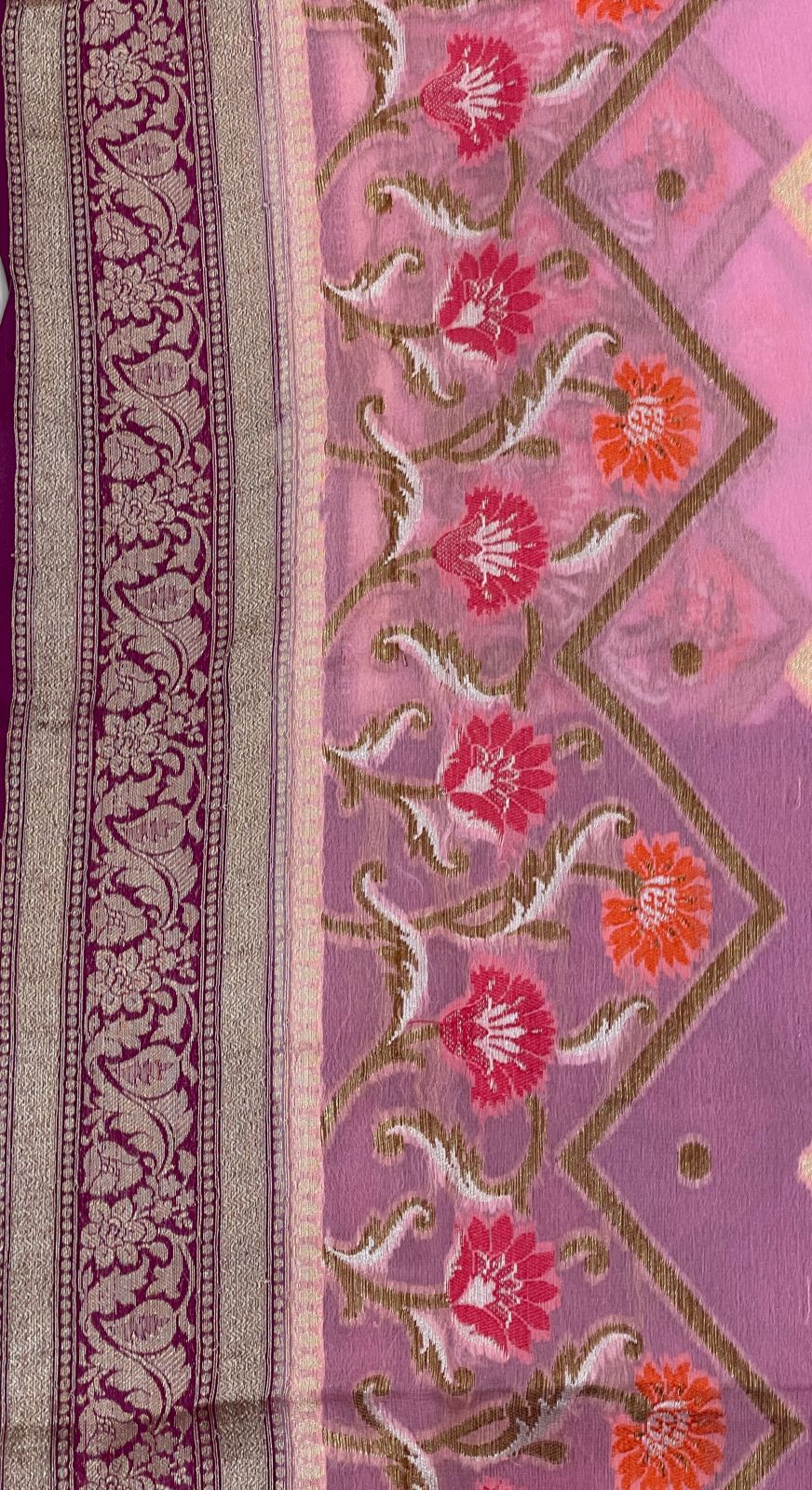 Faishana Pure Handloom Baby Pink Chiffon Stripe Zari Zig-Zag Booti Skirt Paithani Border with Contrast Magenta Floral Zari Border and Magenta Blouse