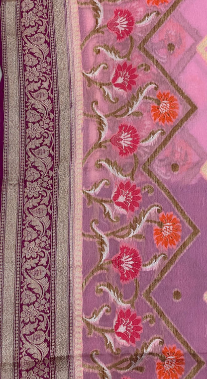 Faishana Pure Handloom Baby Pink Chiffon Stripe Zari Zig-Zag Booti Skirt Paithani Border with Contrast Magenta Floral Zari Border and Magenta Blouse