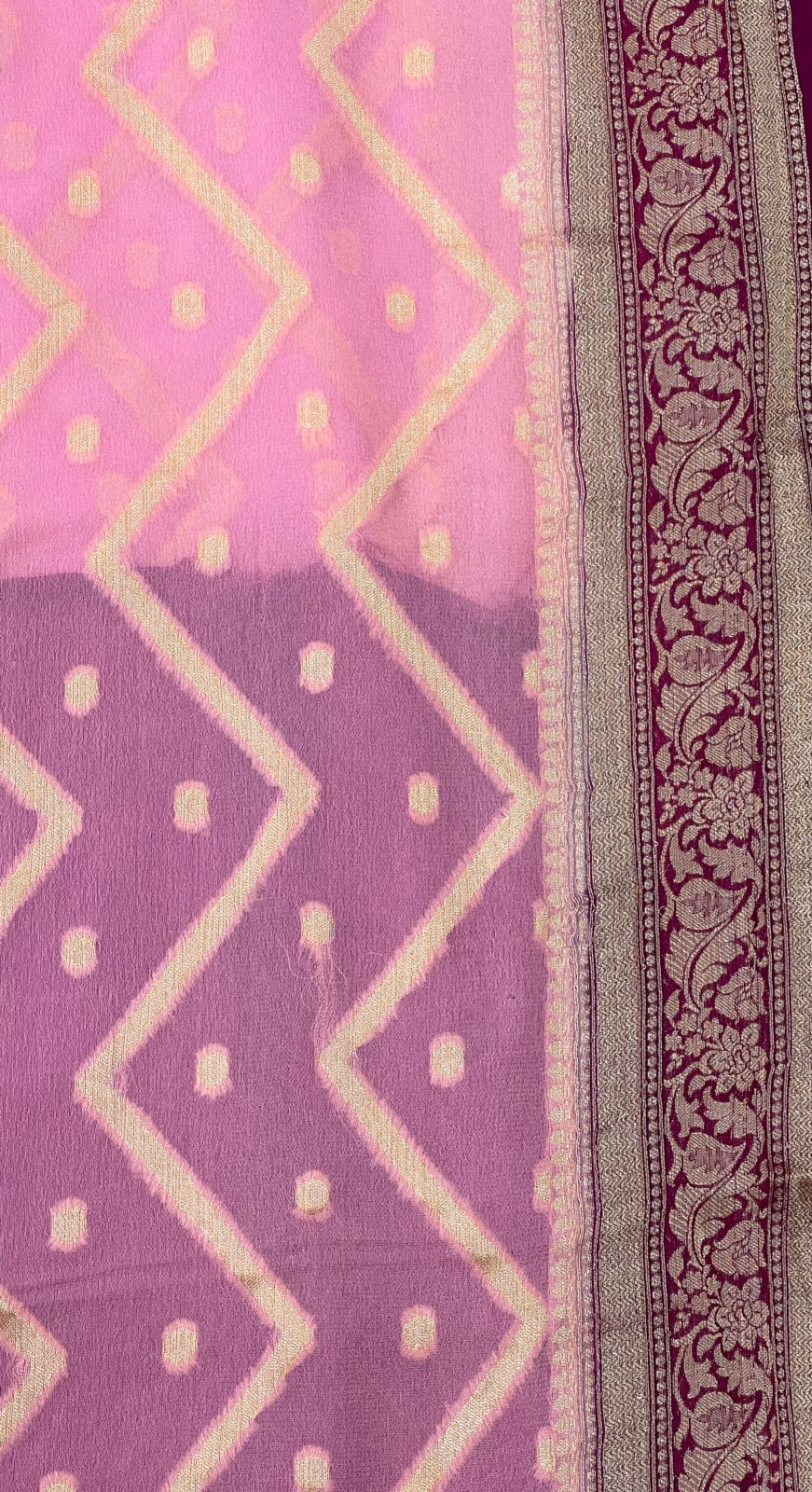 Faishana Pure Handloom Baby Pink Chiffon Stripe Zari Zig-Zag Booti Skirt Paithani Border with Contrast Magenta Floral Zari Border and Magenta Blouse
