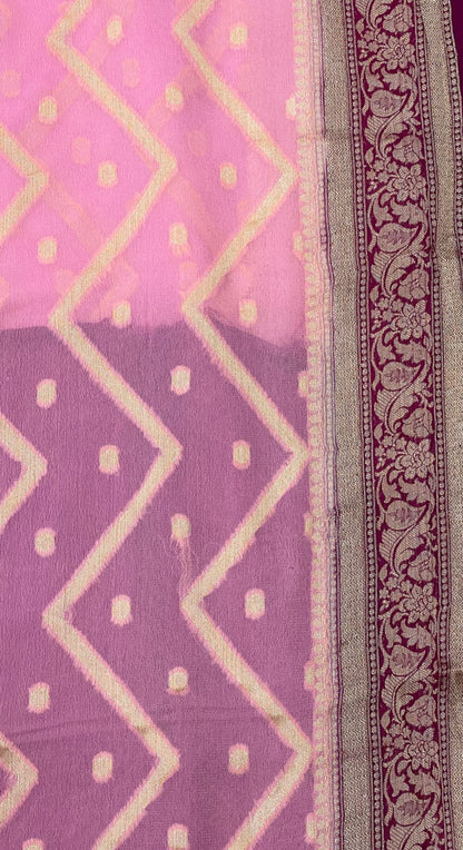 Faishana Pure Handloom Baby Pink Chiffon Stripe Zari Zig-Zag Booti Skirt Paithani Border with Contrast Magenta Floral Zari Border and Magenta Blouse