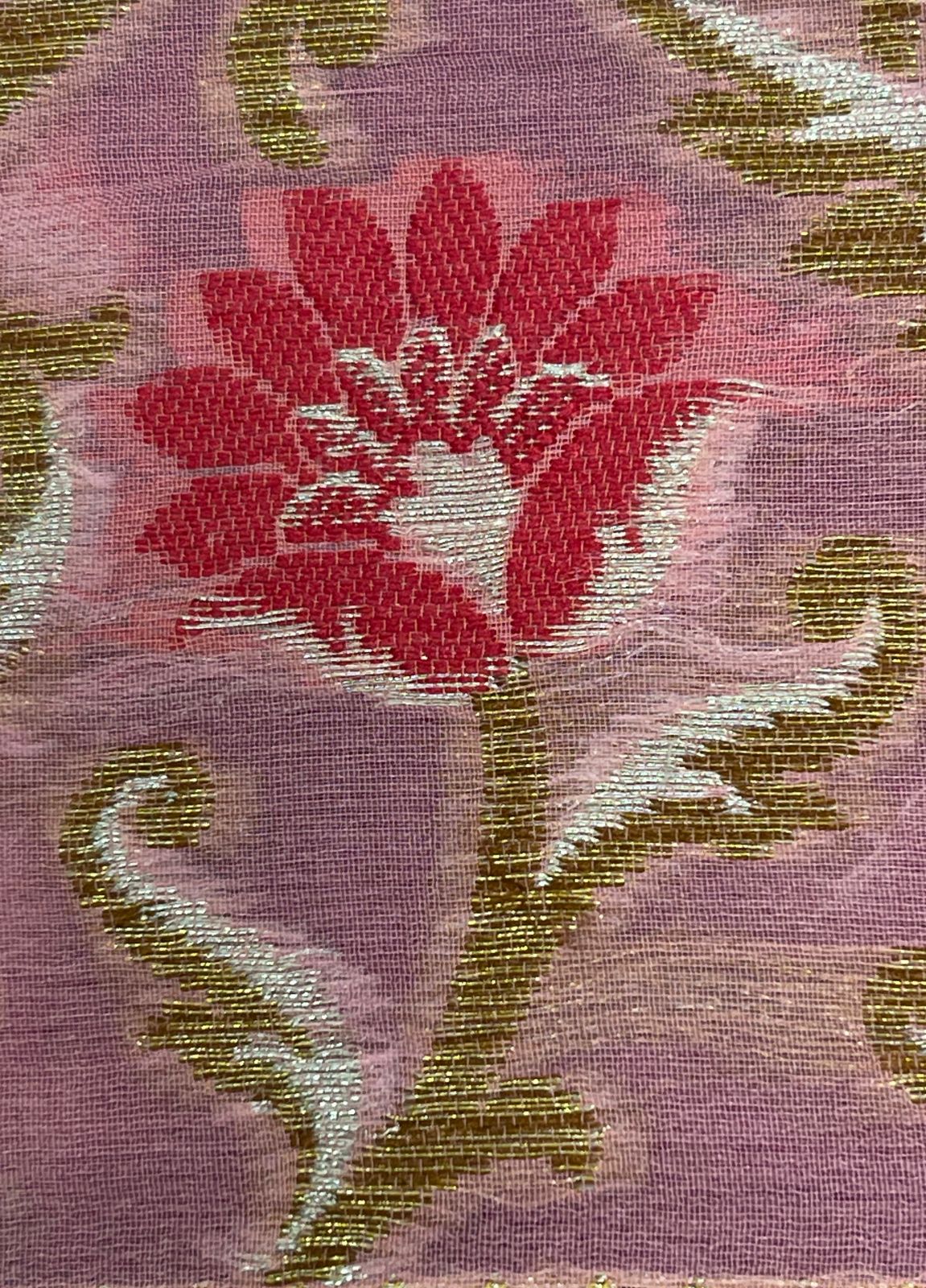 Faishana Pure Handloom Baby Pink Chiffon Stripe Zari Zig-Zag Booti Skirt Paithani Border with Contrast Magenta Floral Zari Border and Magenta Blouse