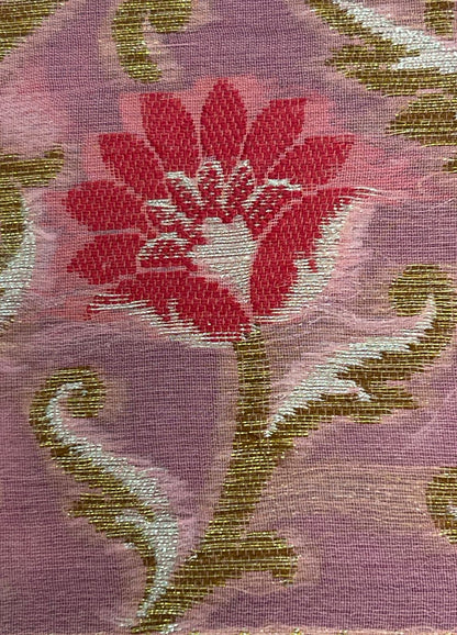 Faishana Pure Handloom Baby Pink Chiffon Stripe Zari Zig-Zag Booti Skirt Paithani Border with Contrast Magenta Floral Zari Border and Magenta Blouse