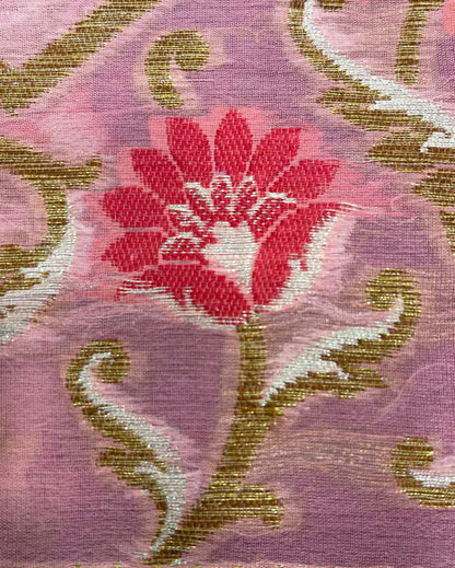 Faishana Pure Handloom Baby Pink Chiffon Stripe Zari Zig-Zag Booti Skirt Paithani Border with Contrast Magenta Floral Zari Border and Magenta Blouse
