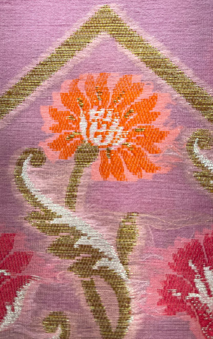 Faishana Pure Handloom Baby Pink Chiffon Stripe Zari Zig-Zag Booti Skirt Paithani Border with Contrast Magenta Floral Zari Border and Magenta Blouse