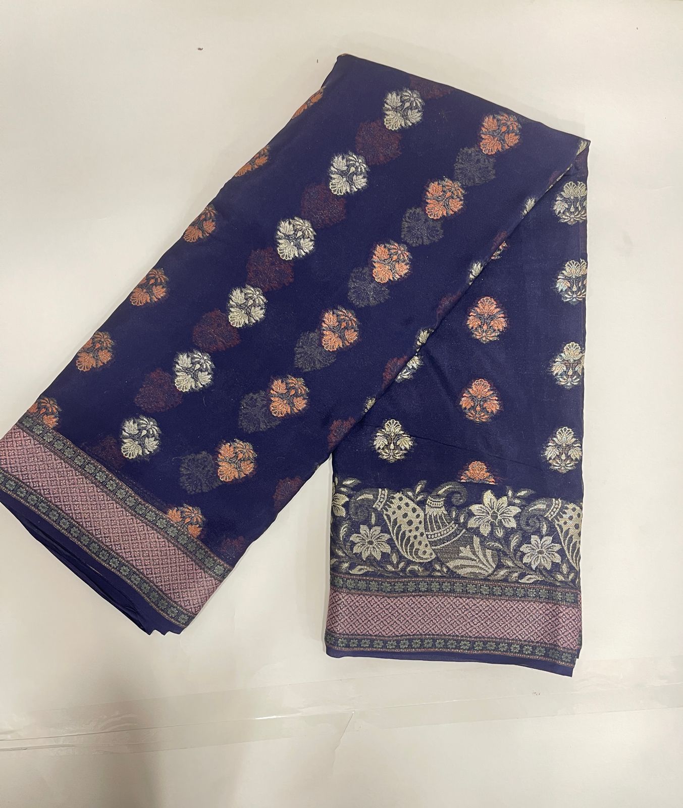 Faishana Pure Handloom Navy Blue Chiffon Resham Floral Mina Booti with Paisley Mina Zari Border and Tilfi Zari Border with Navy Blouse