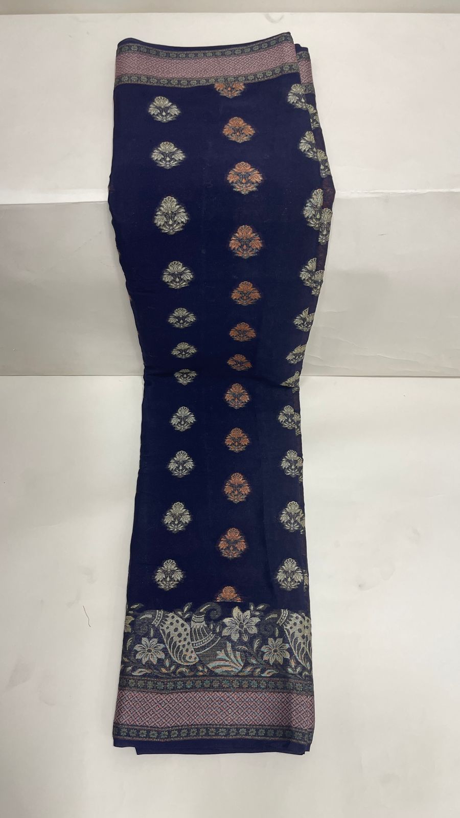 Faishana Pure Handloom Navy Blue Chiffon Resham Floral Mina Booti with Paisley Mina Zari Border and Tilfi Zari Border with Navy Blouse