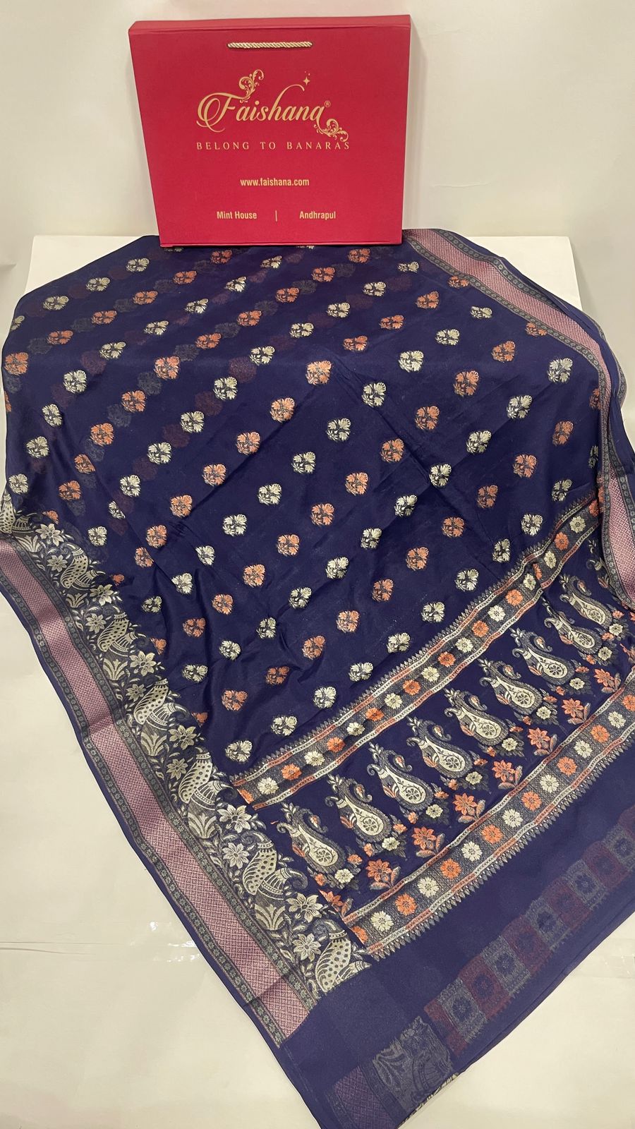 Faishana Pure Handloom Navy Blue Chiffon Resham Floral Mina Booti with Paisley Mina Zari Border and Tilfi Zari Border with Navy Blouse