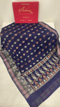 Faishana Pure Handloom Navy Blue Chiffon Resham Floral Mina Booti with Paisley Mina Zari Border and Tilfi Zari Border with Navy Blouse