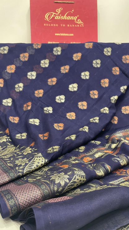 Faishana Pure Handloom Navy Blue Chiffon Resham Floral Mina Booti with Paisley Mina Zari Border and Tilfi Zari Border with Navy Blouse