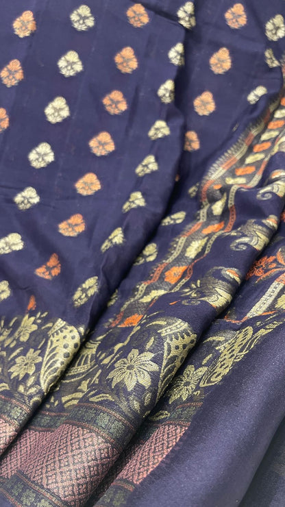 Faishana Pure Handloom Navy Blue Chiffon Resham Floral Mina Booti with Paisley Mina Zari Border and Tilfi Zari Border with Navy Blouse