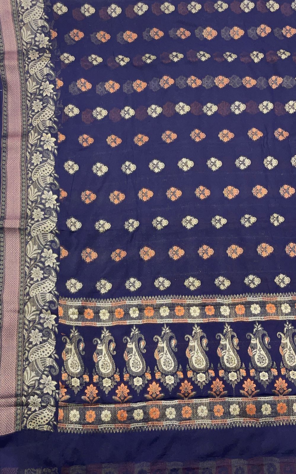 Faishana Pure Handloom Navy Blue Chiffon Resham Floral Mina Booti with Paisley Mina Zari Border and Tilfi Zari Border with Navy Blouse