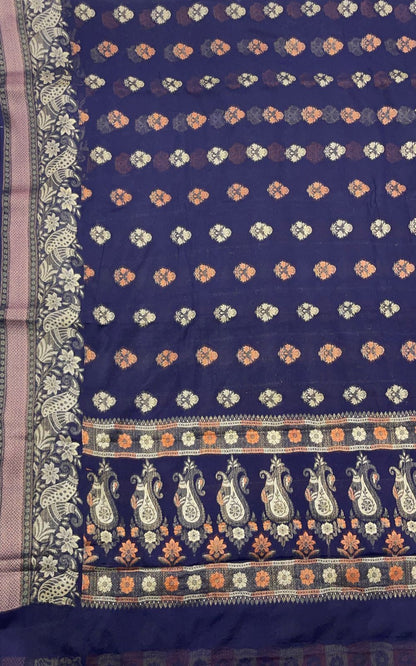 Faishana Pure Handloom Navy Blue Chiffon Resham Floral Mina Booti with Paisley Mina Zari Border and Tilfi Zari Border with Navy Blouse