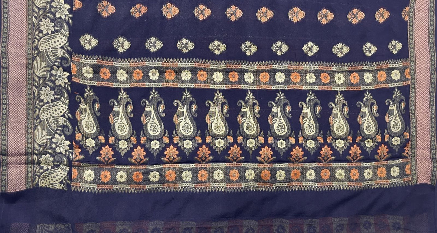 Faishana Pure Handloom Navy Blue Chiffon Resham Floral Mina Booti with Paisley Mina Zari Border and Tilfi Zari Border with Navy Blouse