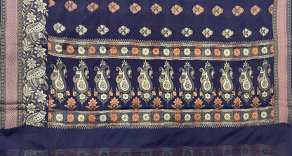 Faishana Pure Handloom Navy Blue Chiffon Resham Floral Mina Booti with Paisley Mina Zari Border and Tilfi Zari Border with Navy Blouse