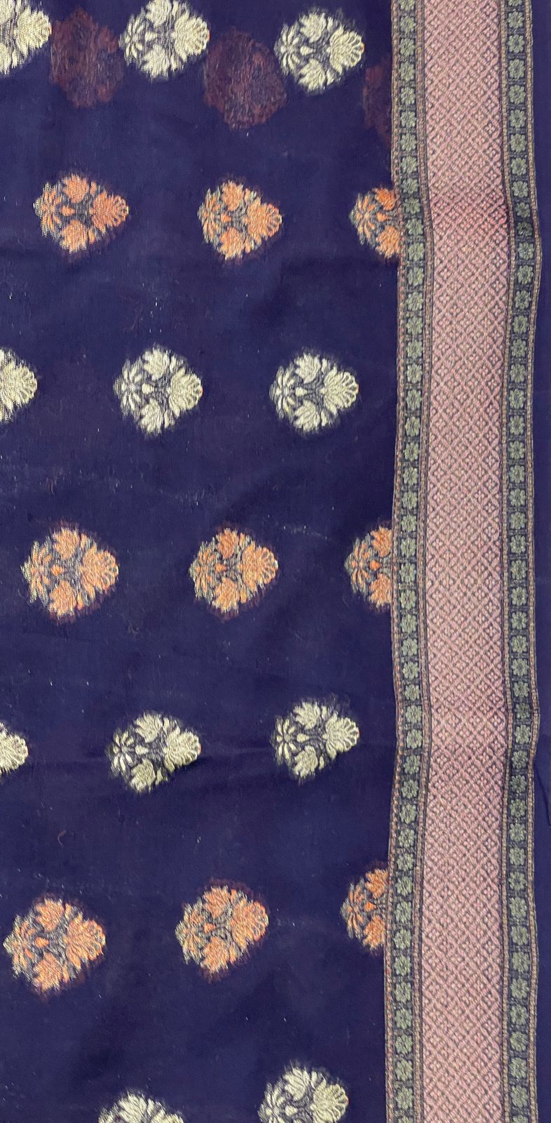 Faishana Pure Handloom Navy Blue Chiffon Resham Floral Mina Booti with Paisley Mina Zari Border and Tilfi Zari Border with Navy Blouse