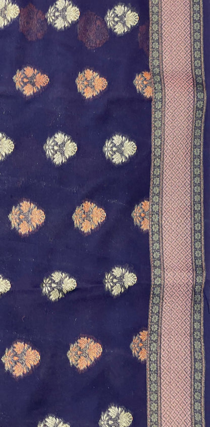 Faishana Pure Handloom Navy Blue Chiffon Resham Floral Mina Booti with Paisley Mina Zari Border and Tilfi Zari Border with Navy Blouse
