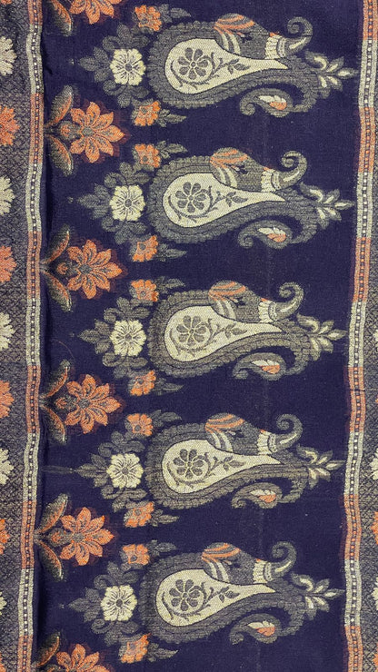 Faishana Pure Handloom Navy Blue Chiffon Resham Floral Mina Booti with Paisley Mina Zari Border and Tilfi Zari Border with Navy Blouse