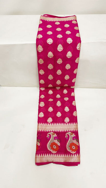 Faishana Pure Handloom Magenta Chiffon Floral Zari Booti with Floral Mina Boota Skirt Zari Border and Paisley Zari Jaal Pallu with Magenta Blouse