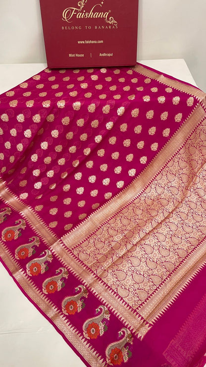 Faishana Pure Handloom Magenta Chiffon Floral Zari Booti with Floral Mina Boota Skirt Zari Border and Paisley Zari Jaal Pallu with Magenta Blouse