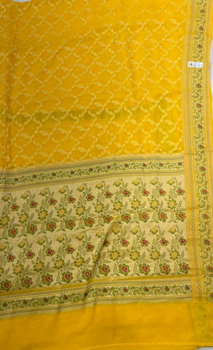 Faishana Pure Handloom Yellow Chiffon Gold Zari Jaal with Floral Mina Jaal Anchal and Tilfi Zari Border with Yellow Blouse
