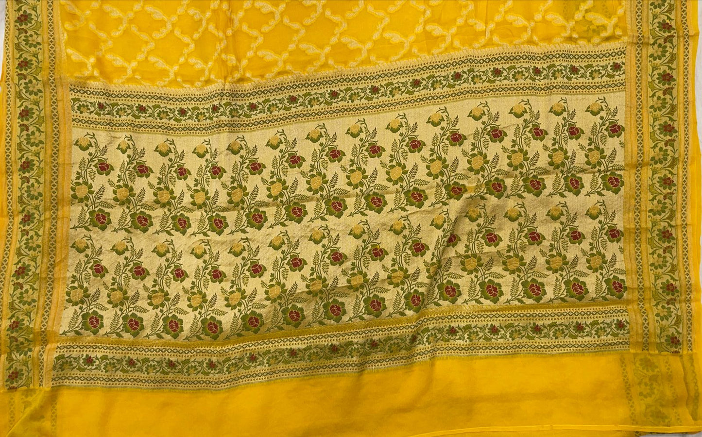 Faishana Pure Handloom Yellow Chiffon Gold Zari Jaal with Floral Mina Jaal Anchal and Tilfi Zari Border with Yellow Blouse
