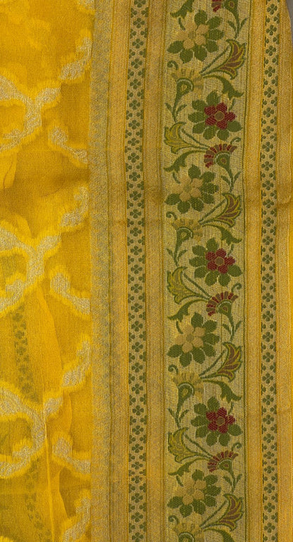 Faishana Pure Handloom Yellow Chiffon Gold Zari Jaal with Floral Mina Jaal Anchal and Tilfi Zari Border with Yellow Blouse