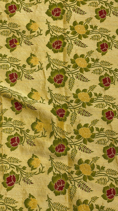 Faishana Pure Handloom Yellow Chiffon Gold Zari Jaal with Floral Mina Jaal Anchal and Tilfi Zari Border with Yellow Blouse