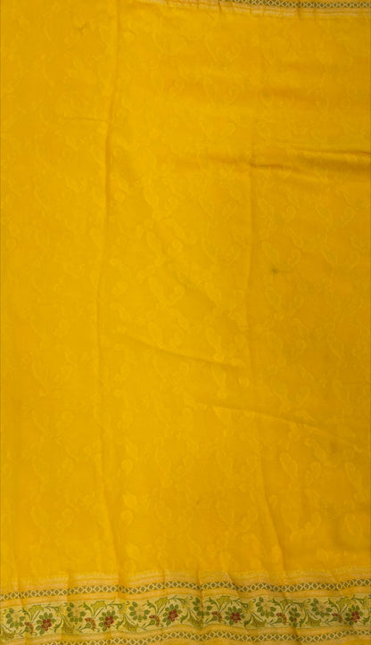 Faishana Pure Handloom Yellow Chiffon Gold Zari Jaal with Floral Mina Jaal Anchal and Tilfi Zari Border with Yellow Blouse