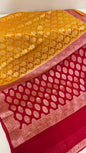 Faishana Pure Handloom Yellow Chiffon Golden Zari Floral Booti Jaal with Contrast Red Zari Booti Anchal and Zari Border with Red Blouse