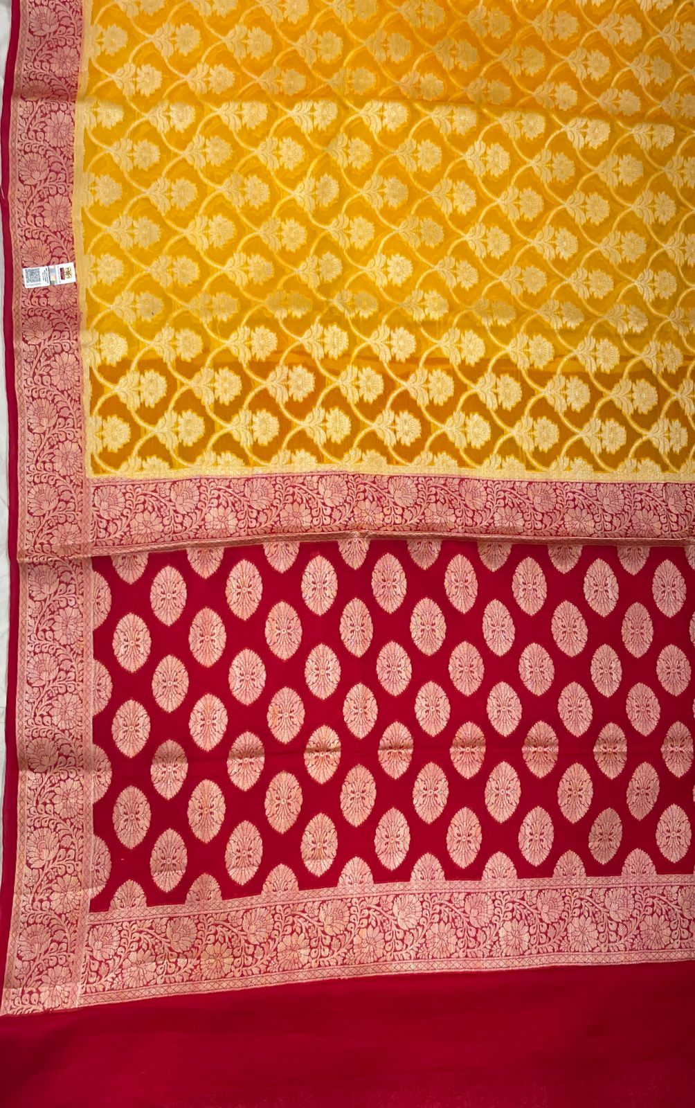 Faishana Pure Handloom Yellow Chiffon Golden Zari Floral Booti Jaal with Contrast Red Zari Booti Anchal and Zari Border with Red Blouse