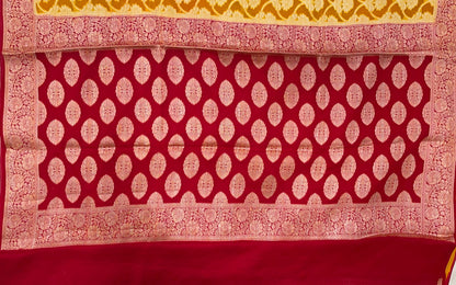 Faishana Pure Handloom Yellow Chiffon Golden Zari Floral Booti Jaal with Contrast Red Zari Booti Anchal and Zari Border with Red Blouse