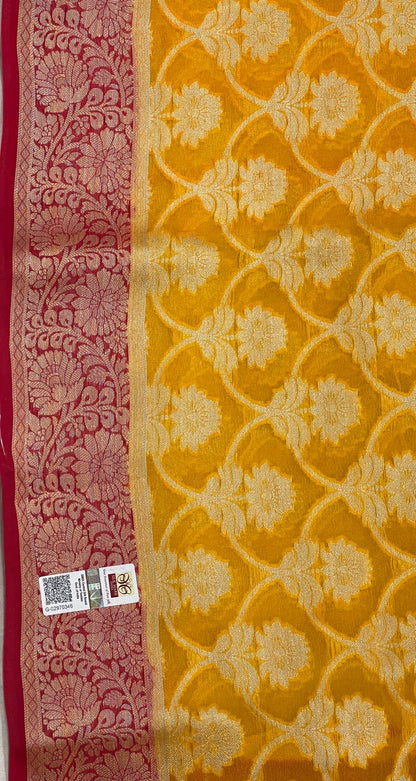 Faishana Pure Handloom Yellow Chiffon Golden Zari Floral Booti Jaal with Contrast Red Zari Booti Anchal and Zari Border with Red Blouse