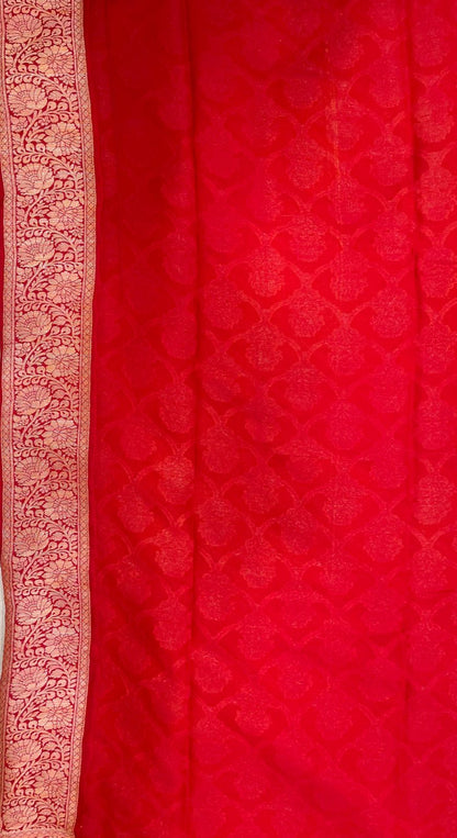 Faishana Pure Handloom Yellow Chiffon Golden Zari Floral Booti Jaal with Contrast Red Zari Booti Anchal and Zari Border with Red Blouse