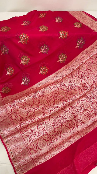 Faishana Pure Handloom Pink Chiffon Resham Floral Mina Zari Booti with Banarasi Zari Border and Pink Blouse&nbsp;