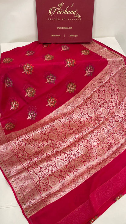 Faishana Pure Handloom Pink Chiffon Resham Floral Mina Zari Booti with Banarasi Zari Border and Pink Blouse&nbsp;
