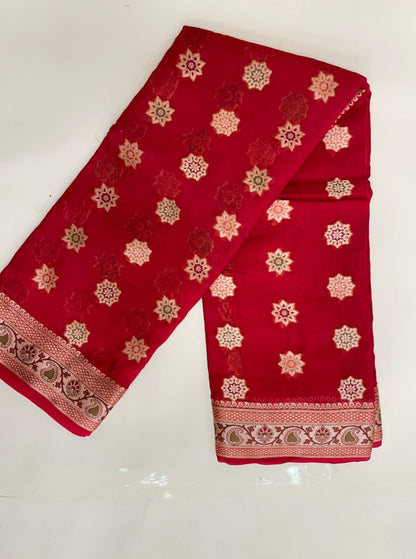 Faishana Pure Handloom Red Chiffon Resham Zari Chunri Mina Booti with Dual Mina Resham Zari Boota Anchal and Floral Zari Border with Red Blouse