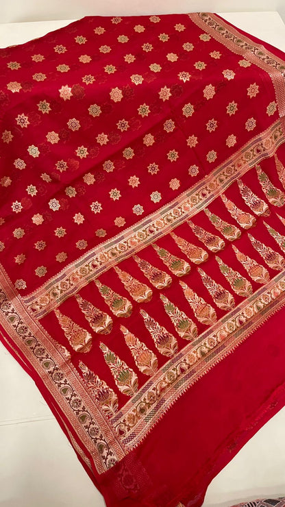 Faishana Pure Handloom Red Chiffon Resham Zari Chunri Mina Booti with Dual Mina Resham Zari Boota Anchal and Floral Zari Border with Red Blouse
