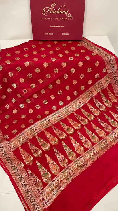 Faishana Pure Handloom Red Chiffon Resham Zari Chunri Mina Booti with Dual Mina Resham Zari Boota Anchal and Floral Zari Border with Red Blouse
