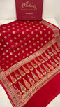 Faishana Pure Handloom Red Chiffon Resham Zari Chunri Mina Booti with Dual Mina Resham Zari Boota Anchal and Floral Zari Border with Red Blouse