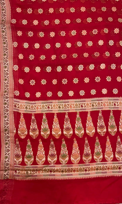 Faishana Pure Handloom Red Chiffon Resham Zari Chunri Mina Booti with Dual Mina Resham Zari Boota Anchal and Floral Zari Border with Red Blouse