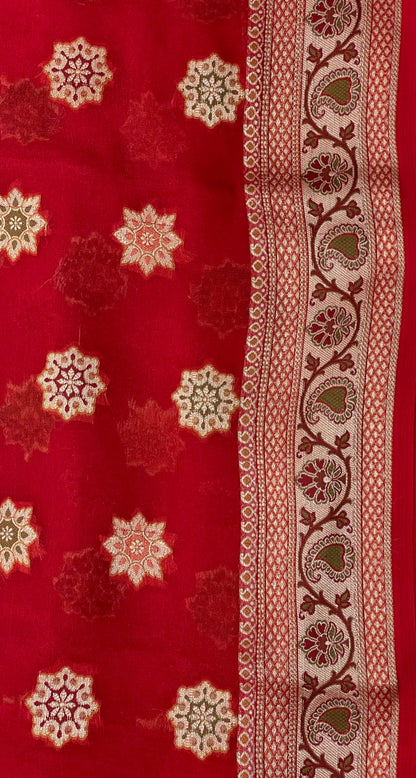 Faishana Pure Handloom Red Chiffon Resham Zari Chunri Mina Booti with Dual Mina Resham Zari Boota Anchal and Floral Zari Border with Red Blouse