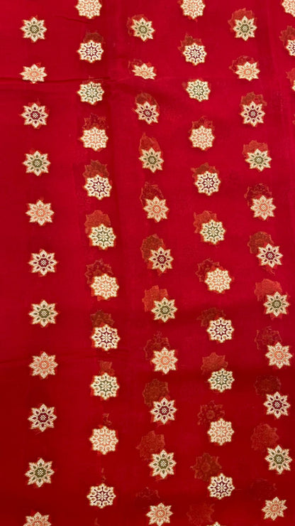 Faishana Pure Handloom Red Chiffon Resham Zari Chunri Mina Booti with Dual Mina Resham Zari Boota Anchal and Floral Zari Border with Red Blouse