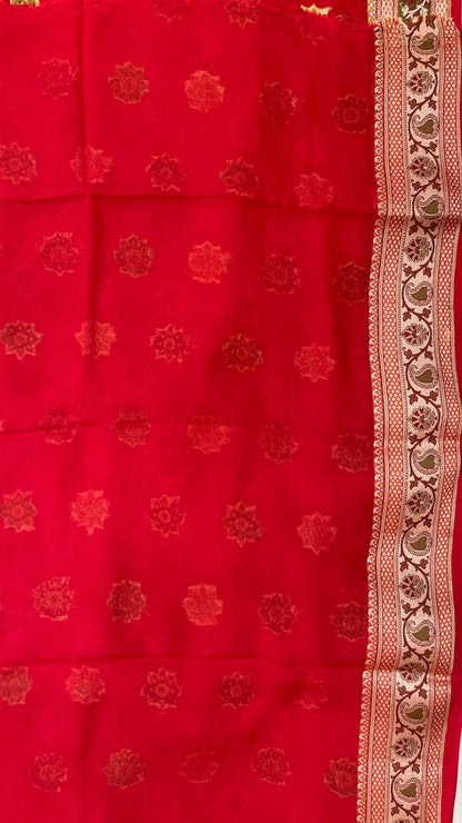 Faishana Pure Handloom Red Chiffon Resham Zari Chunri Mina Booti with Dual Mina Resham Zari Boota Anchal and Floral Zari Border with Red Blouse