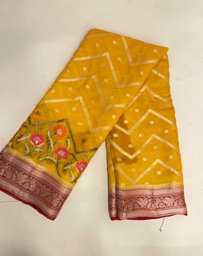 Faishana Pure Handloom Yellow Chiffon Stripe Zari Zig-Zag Booti Skirt Paithani Border with Contrast Red Floral Zari Border and Red Blouse&nbsp;