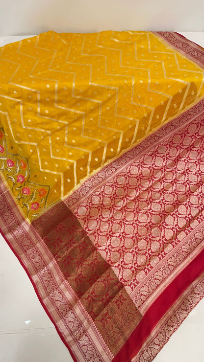 Faishana Pure Handloom Yellow Chiffon Stripe Zari Zig-Zag Booti Skirt Paithani Border with Contrast Red Floral Zari Border and Red Blouse&nbsp;