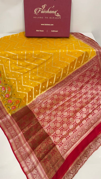 Faishana Pure Handloom Yellow Chiffon Stripe Zari Zig-Zag Booti Skirt Paithani Border with Contrast Red Floral Zari Border and Red Blouse&nbsp;